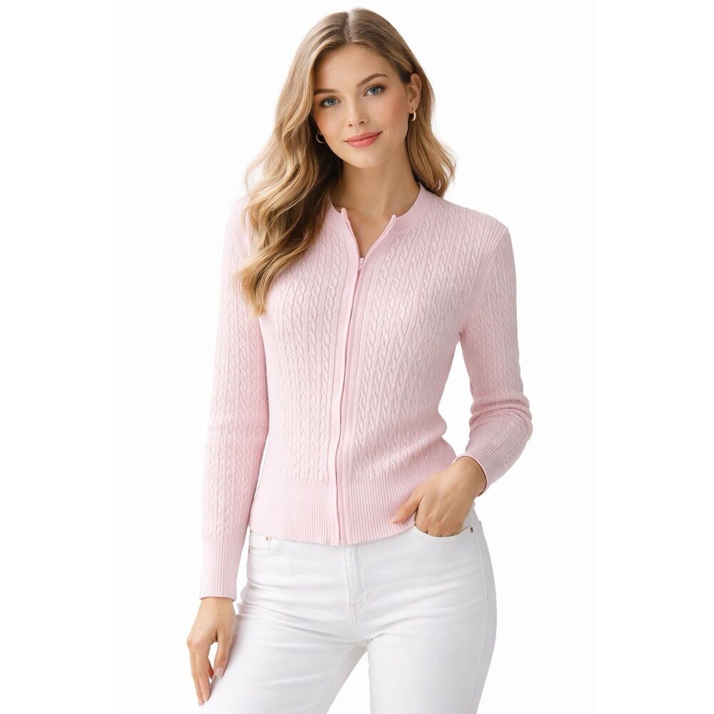 Tommy‎ Hilfiger Pink Y2K Cable Knit Zip Cardigan Sweater Size XL Fits Like A M